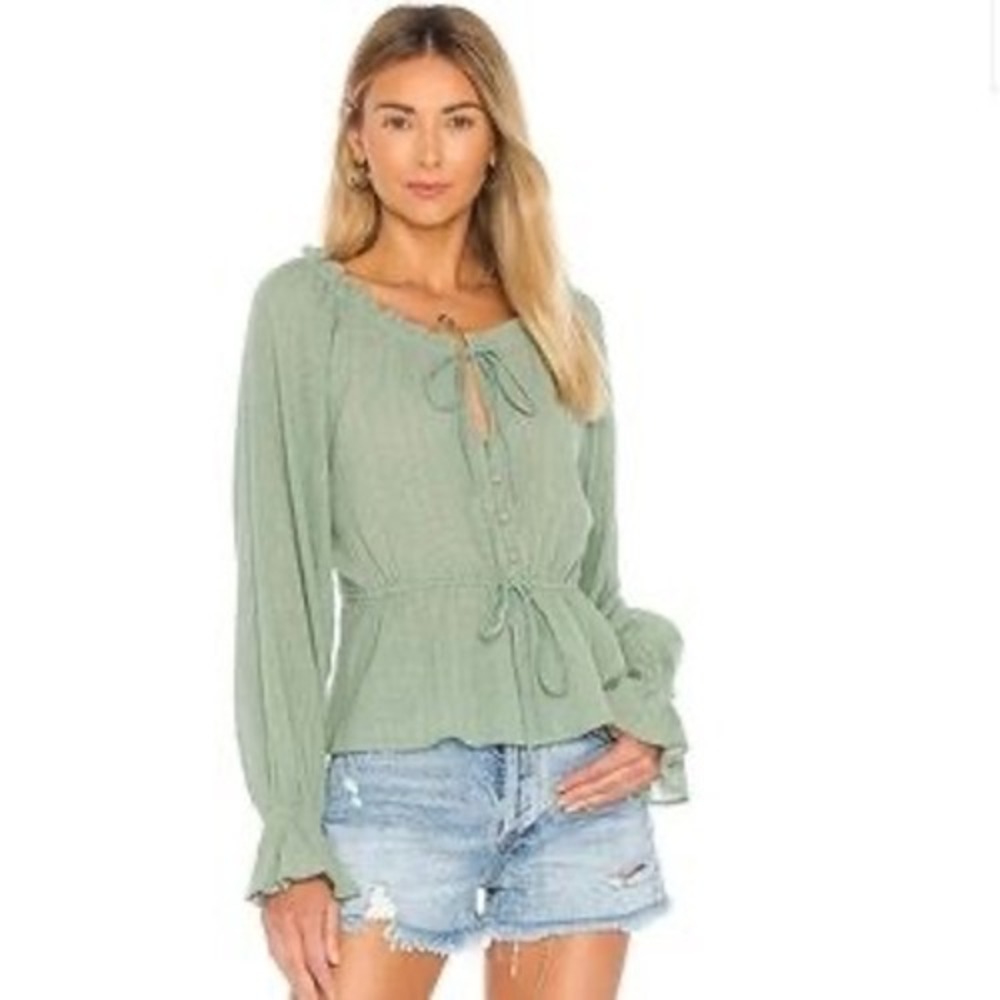 NWT Tularosa Tie Front Blouse S Green Metallic Boho Top Gathered Peasant Poet